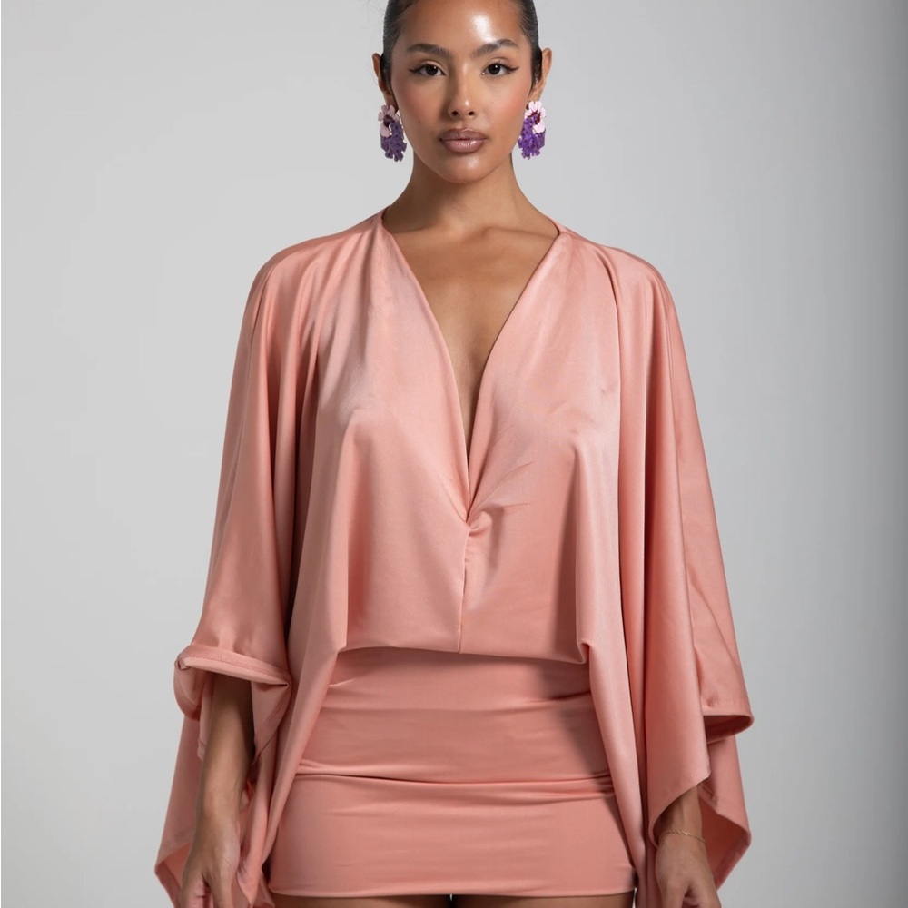 Peach Satin Draped V-Neck Mini Dress